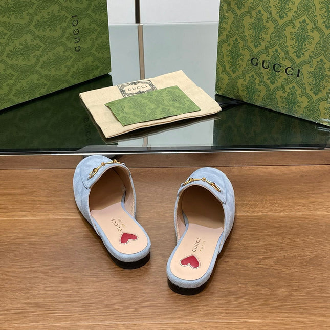 HORSEBIT MULE IN LIGHT BLUE SUEDE WITH GOLD HARDWARE