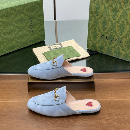 HORSEBIT MULE IN LIGHT BLUE SUEDE WITH GOLD HARDWARE