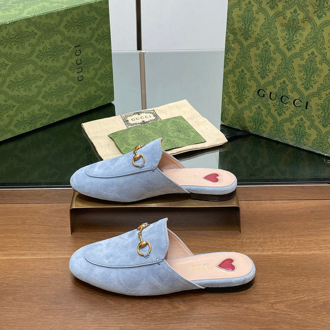 HORSEBIT MULE IN LIGHT BLUE SUEDE WITH GOLD HARDWARE