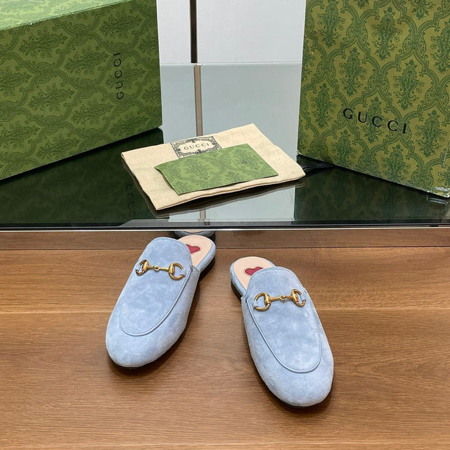 HORSEBIT MULE IN LIGHT BLUE SUEDE WITH GOLD HARDWARE