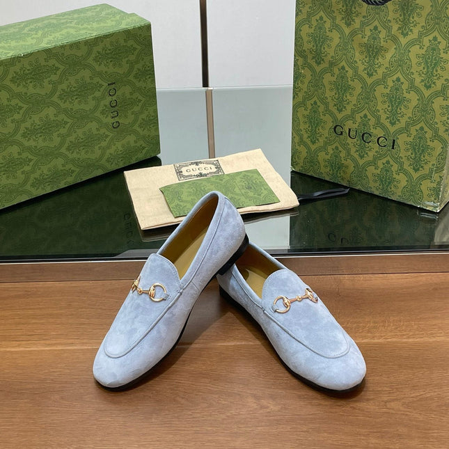 HORSEBIT LOAFER IN LIGHT BLUE SUEDE WITH GOLD HARDWARE