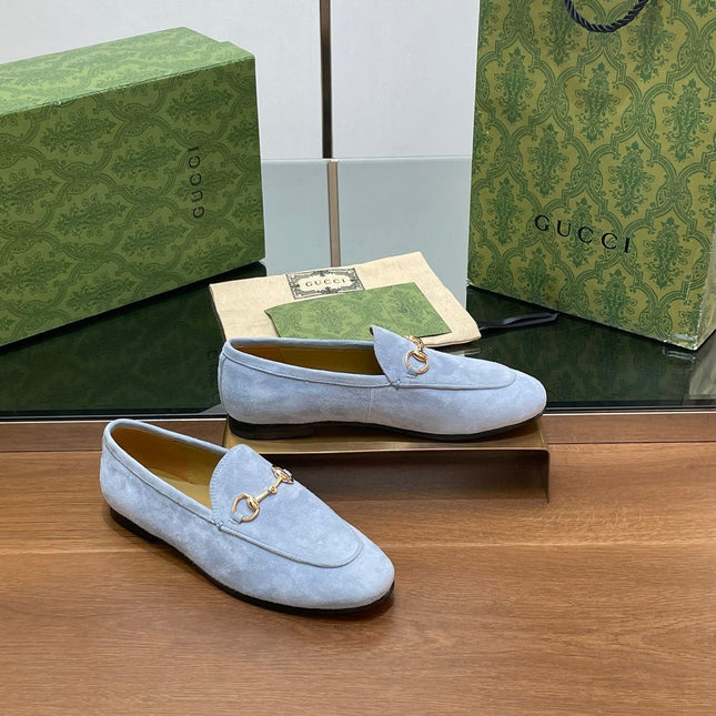 HORSEBIT LOAFER IN LIGHT BLUE SUEDE WITH GOLD HARDWARE