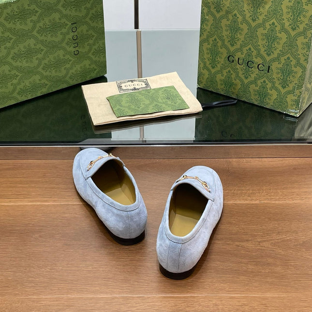 HORSEBIT LOAFER IN LIGHT BLUE SUEDE WITH GOLD HARDWARE