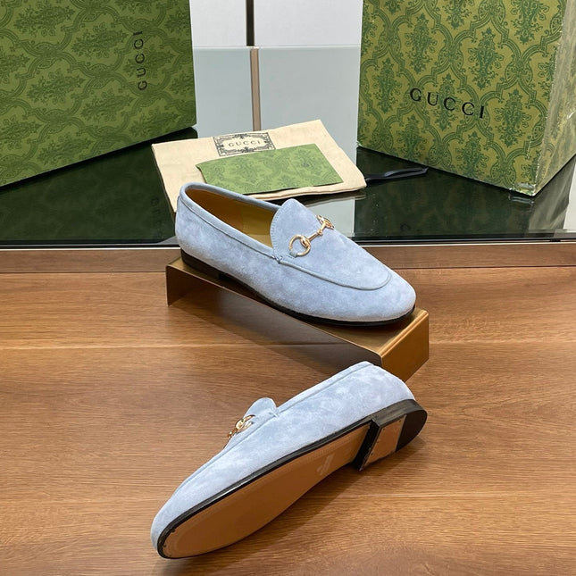 HORSEBIT LOAFER IN LIGHT BLUE SUEDE WITH GOLD HARDWARE