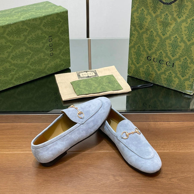 HORSEBIT LOAFER IN LIGHT BLUE SUEDE WITH GOLD HARDWARE