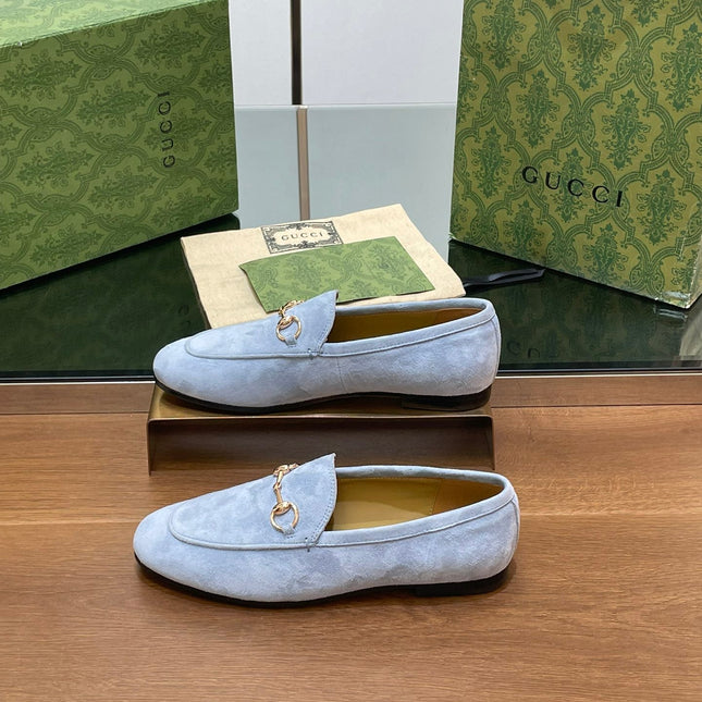 HORSEBIT LOAFER IN LIGHT BLUE SUEDE WITH GOLD HARDWARE