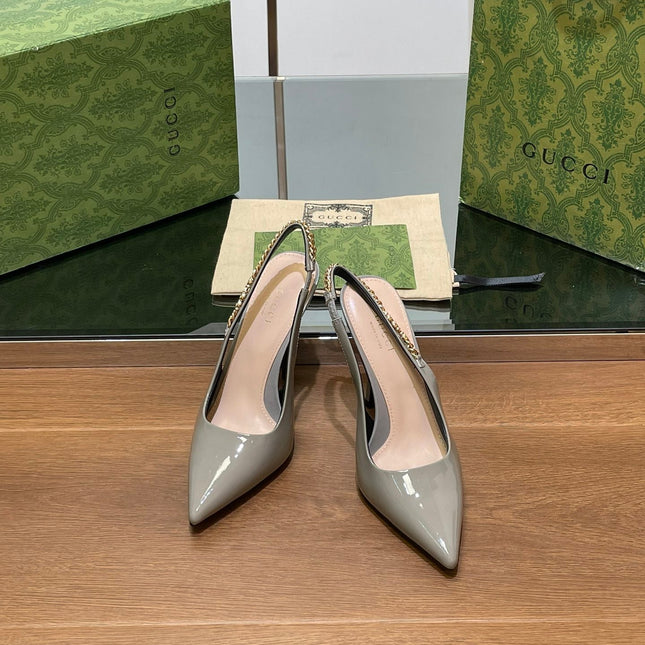 GG HIGH SLINGBACK 10.5 CM IN DOVE GREY GLOSSY CALFSKIN WITH GOLD HARDWARE