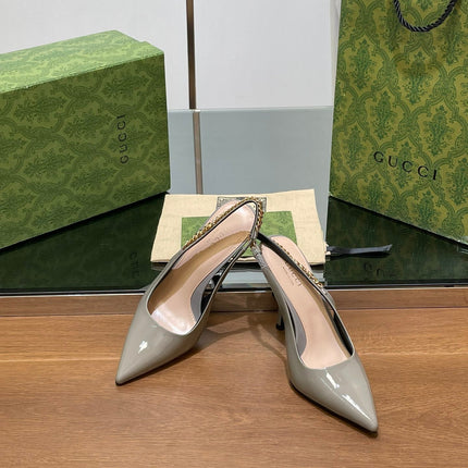 GG HIGH SLINGBACK 10.5 CM IN DOVE GREY GLOSSY CALFSKIN WITH GOLD HARDWARE
