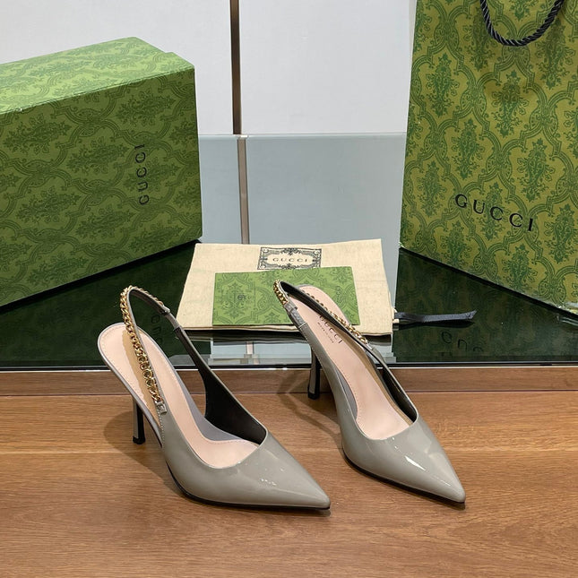 GG HIGH SLINGBACK 10.5 CM IN DOVE GREY GLOSSY CALFSKIN WITH GOLD HARDWARE