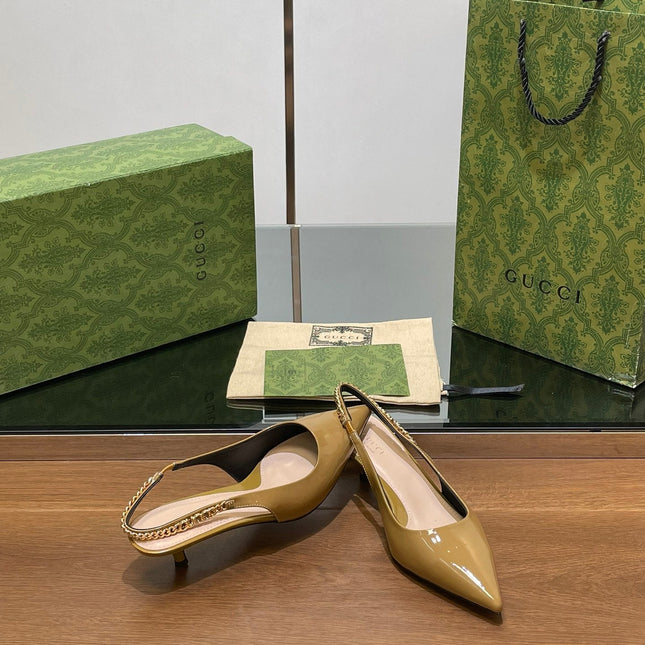 GG HIGH SLINGBACK 4.5 CM IN DIJON YELLOW GLOSSY CALFSKIN WITH GOLD HARDWARE