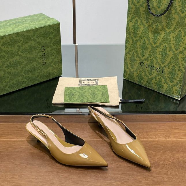 GG HIGH SLINGBACK 4.5 CM IN DIJON YELLOW GLOSSY CALFSKIN WITH GOLD HARDWARE