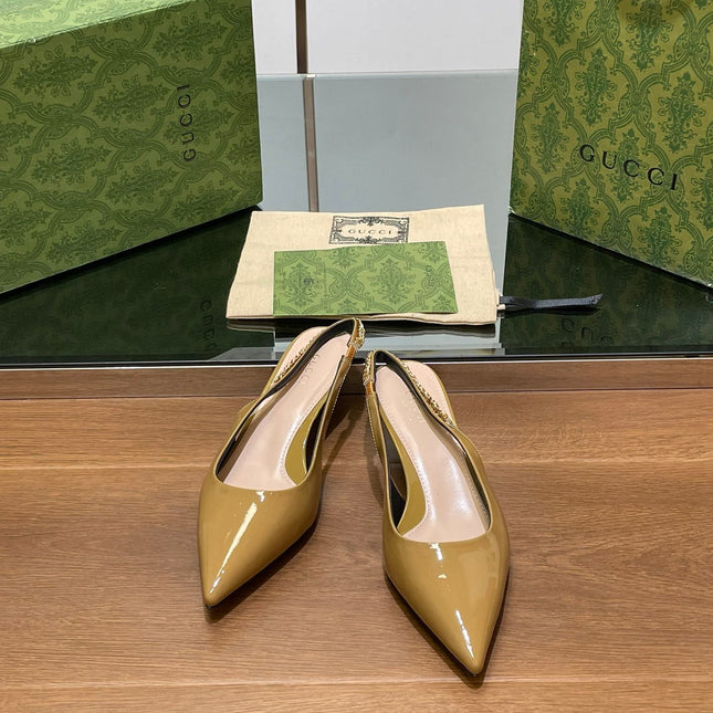 GG HIGH SLINGBACK 4.5 CM IN DIJON YELLOW GLOSSY CALFSKIN WITH GOLD HARDWARE