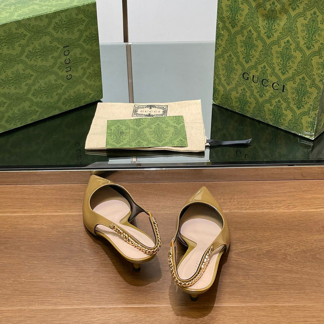 GG HIGH SLINGBACK 4.5 CM IN DIJON YELLOW GLOSSY CALFSKIN WITH GOLD HARDWARE