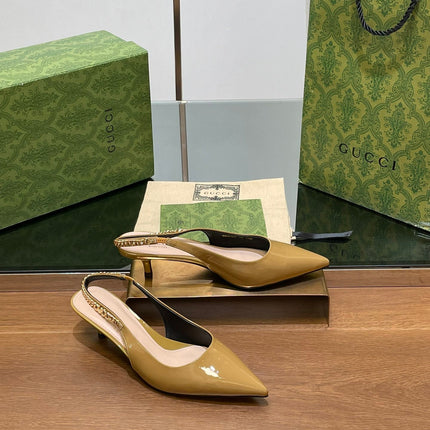 GG HIGH SLINGBACK 4.5 CM IN DIJON YELLOW GLOSSY CALFSKIN WITH GOLD HARDWARE