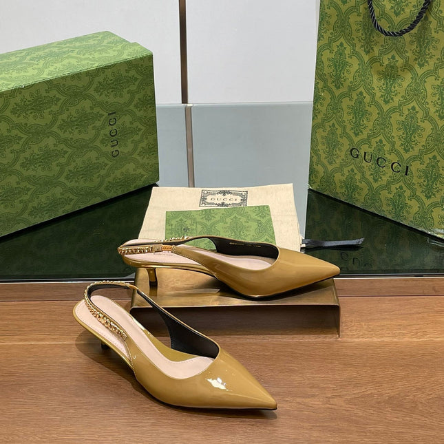 GG HIGH SLINGBACK 4.5 CM IN DIJON YELLOW GLOSSY CALFSKIN WITH GOLD HARDWARE