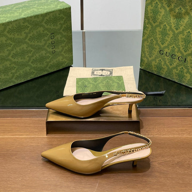 GG HIGH SLINGBACK 4.5 CM IN DIJON YELLOW GLOSSY CALFSKIN WITH GOLD HARDWARE