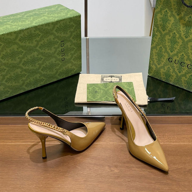 GG HIGH SLINGBACK 10.5 CM IN DIJON YELLOW GLOSSY CALFSKIN WITH GOLD HARDWARE