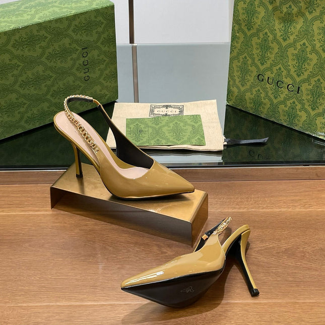 GG HIGH SLINGBACK 10.5 CM IN DIJON YELLOW GLOSSY CALFSKIN WITH GOLD HARDWARE