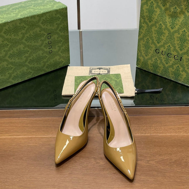 GG HIGH SLINGBACK 10.5 CM IN DIJON YELLOW GLOSSY CALFSKIN WITH GOLD HARDWARE