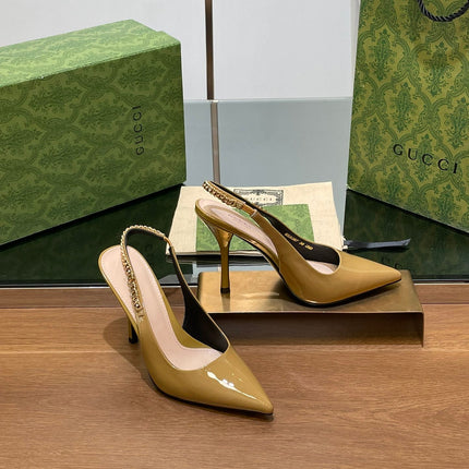 GG HIGH SLINGBACK 10.5 CM IN DIJON YELLOW GLOSSY CALFSKIN WITH GOLD HARDWARE