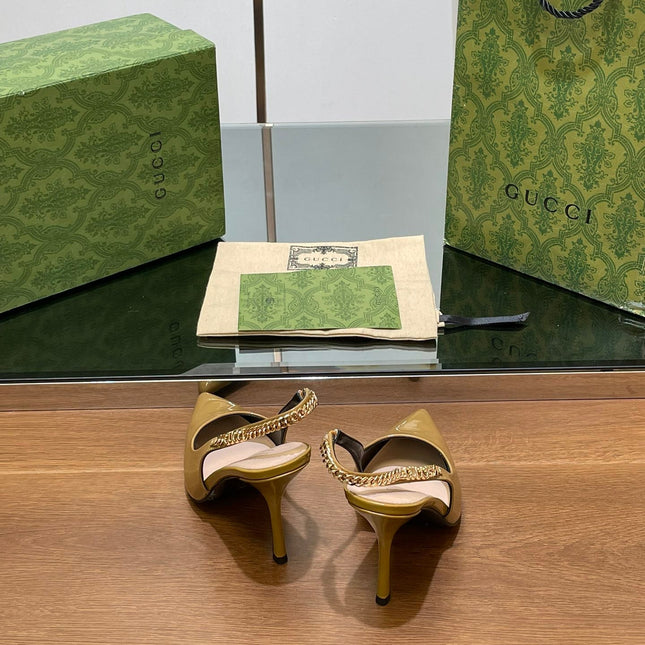 GG HIGH SLINGBACK 10.5 CM IN DIJON YELLOW GLOSSY CALFSKIN WITH GOLD HARDWARE