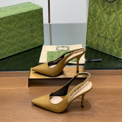 GG HIGH SLINGBACK 10.5 CM IN DIJON YELLOW GLOSSY CALFSKIN WITH GOLD HARDWARE