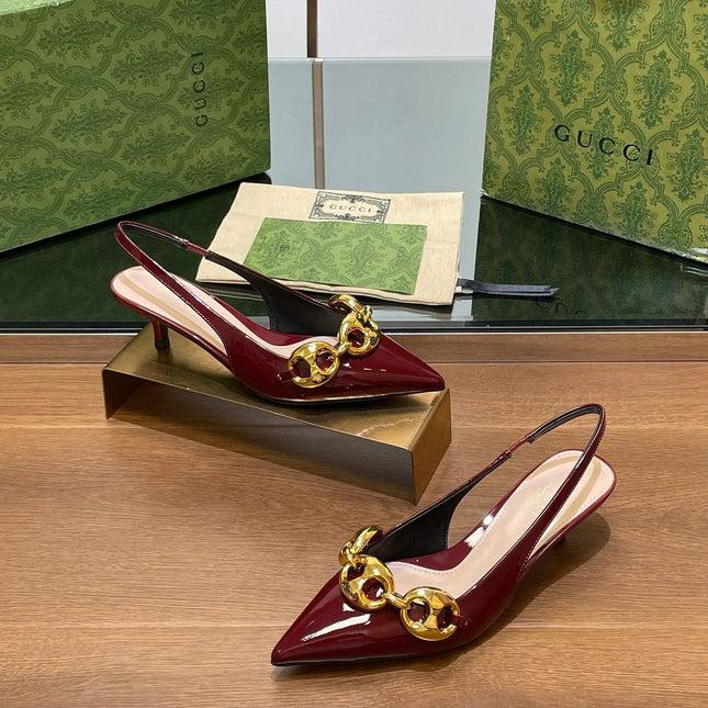 GG MID-HEELED SLINGBACK 4.5 CM IN WINE RED GLOSSY CALFSKIN WITH GOLD HARDWARE