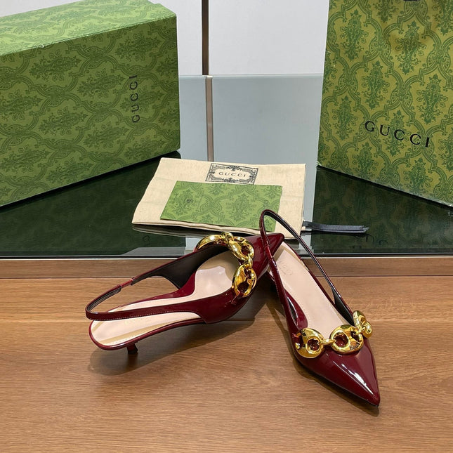 GG MID-HEELED SLINGBACK 4.5 CM IN WINE RED GLOSSY CALFSKIN WITH GOLD HARDWARE