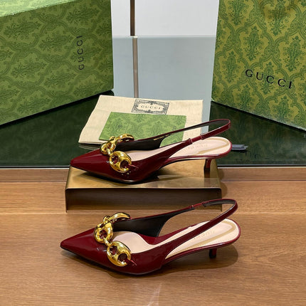 GG MID-HEELED SLINGBACK 4.5 CM IN WINE RED GLOSSY CALFSKIN WITH GOLD HARDWARE