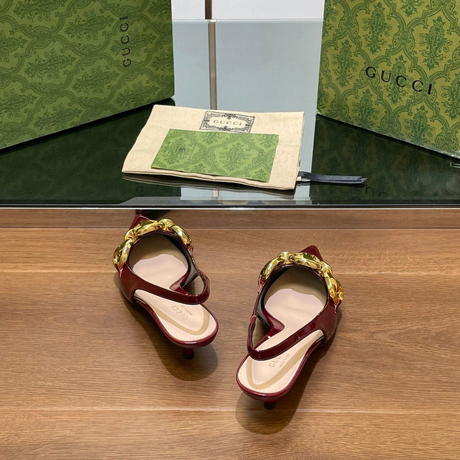 GG MID-HEELED SLINGBACK 4.5 CM IN WINE RED GLOSSY CALFSKIN WITH GOLD HARDWARE
