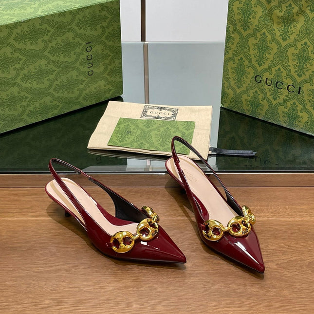 GG MID-HEELED SLINGBACK 4.5 CM IN WINE RED GLOSSY CALFSKIN WITH GOLD HARDWARE