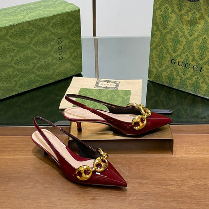 GG MID-HEELED SLINGBACK 4.5 CM IN WINE RED GLOSSY CALFSKIN WITH GOLD HARDWARE