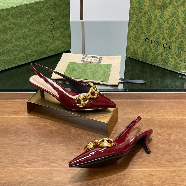 GG MID-HEELED SLINGBACK 4.5 CM IN WINE RED GLOSSY CALFSKIN WITH GOLD HARDWARE