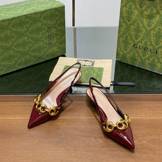GG MID-HEELED SLINGBACK 4.5 CM IN WINE RED GLOSSY CALFSKIN WITH GOLD HARDWARE