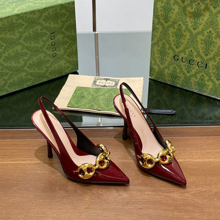 GG HIGH SLINGBACK 10.5 CM IN WINE RED GLOSSY CALFSKIN WITH GOLD HARDWARE