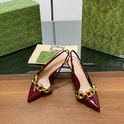 GG HIGH SLINGBACK 10.5 CM IN WINE RED GLOSSY CALFSKIN WITH GOLD HARDWARE