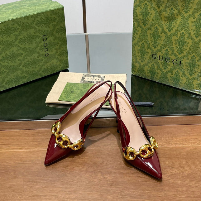 GG HIGH SLINGBACK 10.5 CM IN WINE RED GLOSSY CALFSKIN WITH GOLD HARDWARE