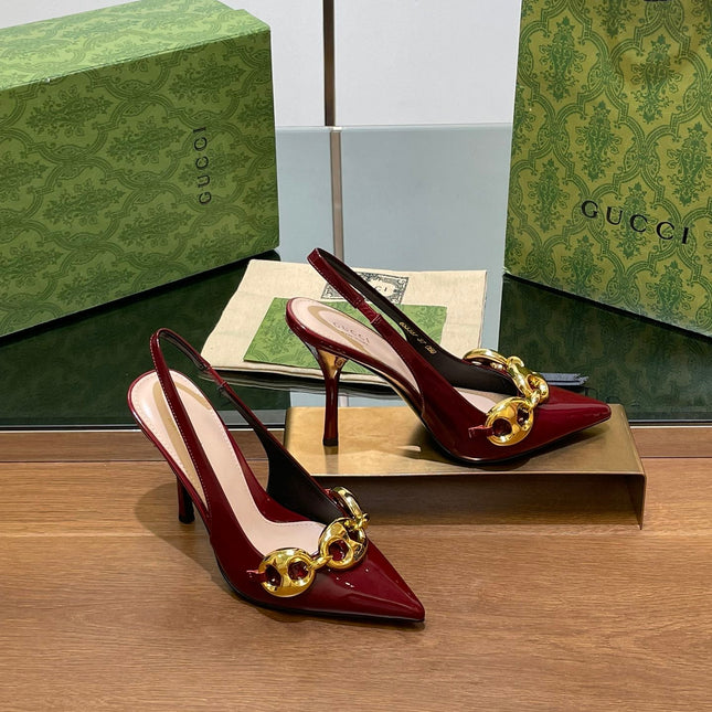 GG HIGH SLINGBACK 10.5 CM IN WINE RED GLOSSY CALFSKIN WITH GOLD HARDWARE