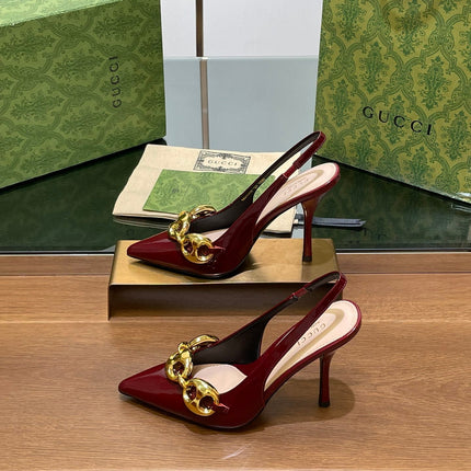 GG HIGH SLINGBACK 10.5 CM IN WINE RED GLOSSY CALFSKIN WITH GOLD HARDWARE