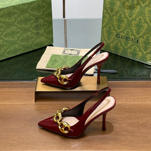 GG HIGH SLINGBACK 10.5 CM IN WINE RED GLOSSY CALFSKIN WITH GOLD HARDWARE