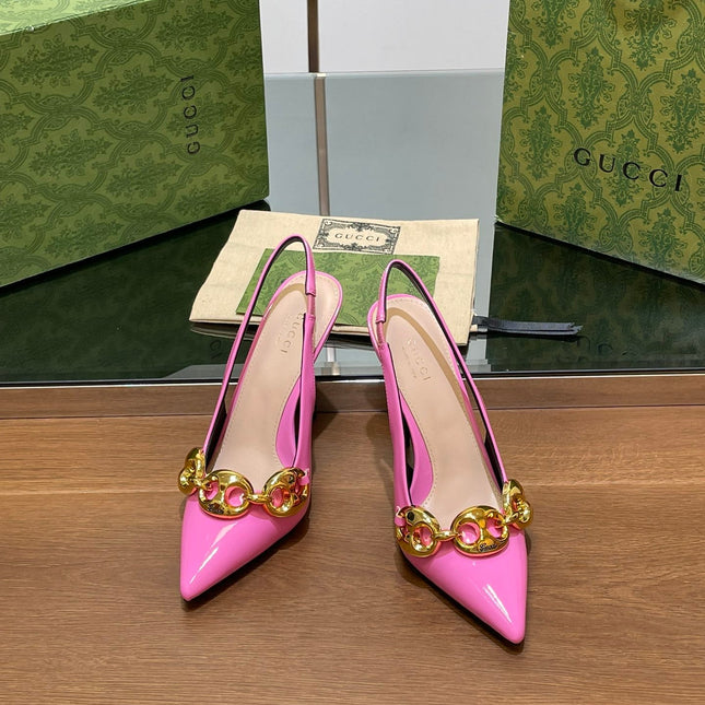GG HIGH SLINGBACK 10.5 CM IN FUSICA PINK GLOSSY CALFSKIN WITH GOLD HARDWARE