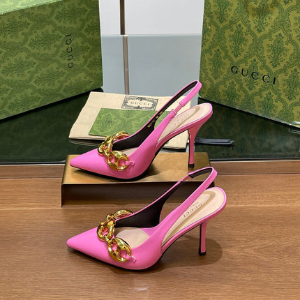 GG HIGH SLINGBACK 10.5 CM IN FUSICA PINK GLOSSY CALFSKIN WITH GOLD HARDWARE