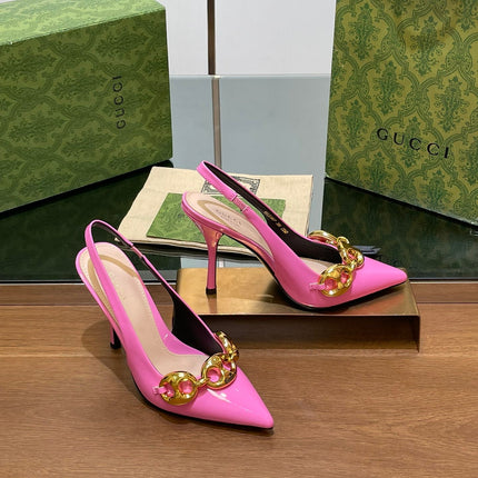 GG HIGH SLINGBACK 10.5 CM IN FUSICA PINK GLOSSY CALFSKIN WITH GOLD HARDWARE