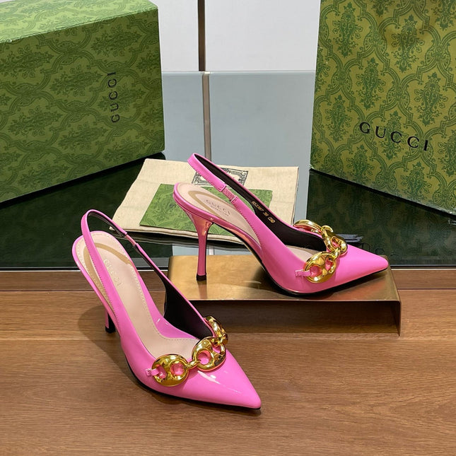 GG HIGH SLINGBACK 10.5 CM IN FUSICA PINK GLOSSY CALFSKIN WITH GOLD HARDWARE