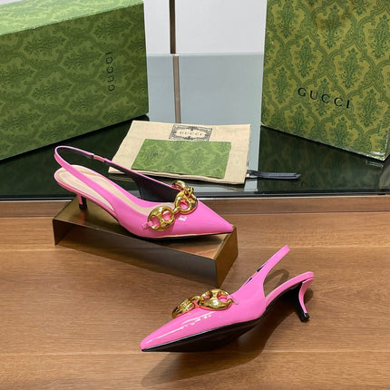 GG MID-HEELED SLINGBACK 4.5 CM IN FUSICA PINK GLOSSY CALFSKIN WITH GOLD HARDWARE