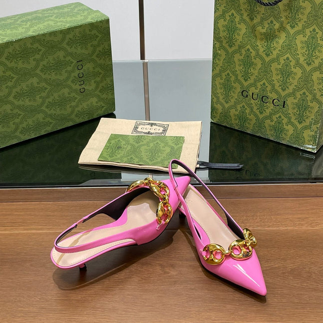 GG MID-HEELED SLINGBACK 4.5 CM IN FUSICA PINK GLOSSY CALFSKIN WITH GOLD HARDWARE