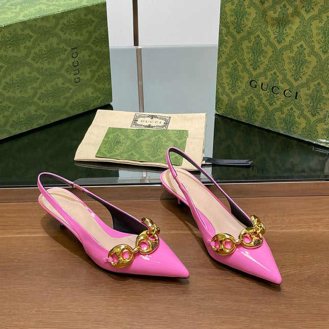 GG MID-HEELED SLINGBACK 4.5 CM IN FUSICA PINK GLOSSY CALFSKIN WITH GOLD HARDWARE