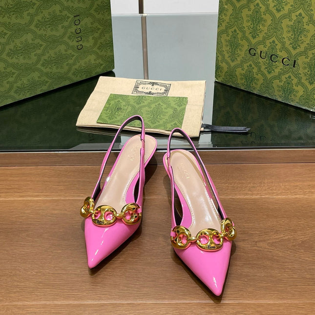 GG MID-HEELED SLINGBACK 4.5 CM IN FUSICA PINK GLOSSY CALFSKIN WITH GOLD HARDWARE
