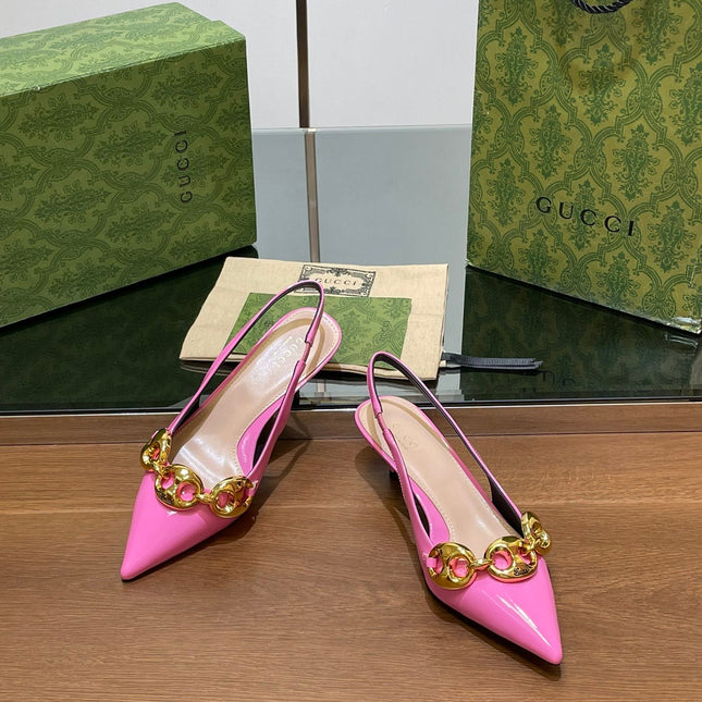 GG MID-HEELED SLINGBACK 4.5 CM IN FUSICA PINK GLOSSY CALFSKIN WITH GOLD HARDWARE