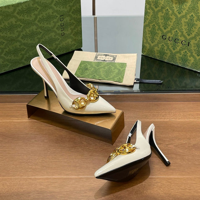 GG HIGH SLINGBACK 10.5 CM IN WHITE GLOSSY CALFSKIN WITH GOLD HARDWARE